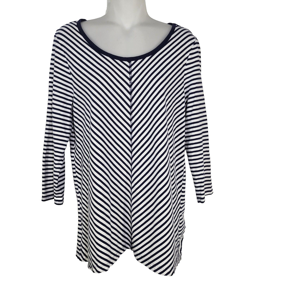 Chico's Weekends Top Womens Size 1 Medium Navy Ivory Striped 3/4 Sleeves Knit